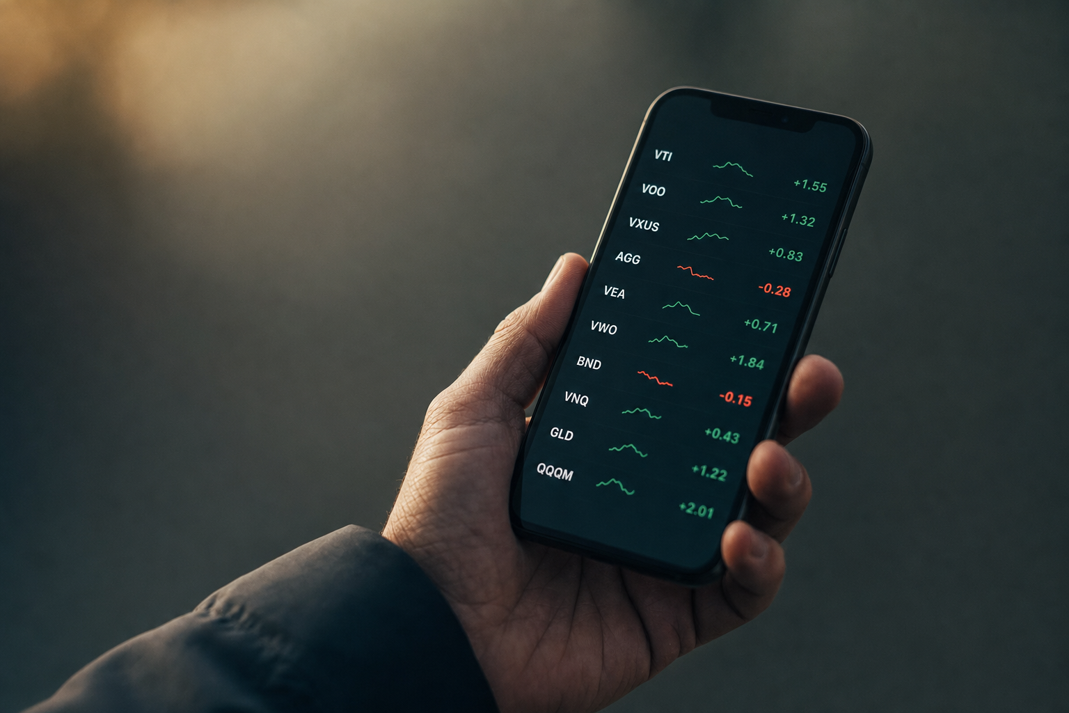 Un smartphone affichant une application de courtage avec une liste d'ETF, illustrant la facilité d'investir dans ces fonds.
