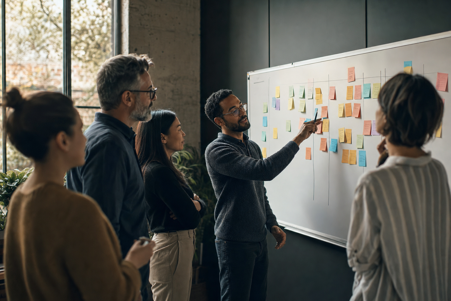 Un equipo de proyecto utilizando un tablero Kanban con notas adhesivas durante una reunión diaria de pie, un pilar de la metodología Agile.
