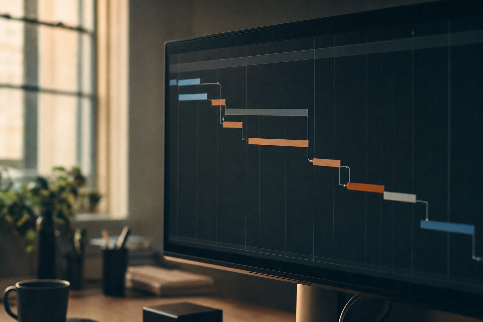 Un detallado diagrama de Gantt en una pantalla, mostrando la estructura lineal y las dependencias de un proyecto gestionado con la metodología Waterfall.