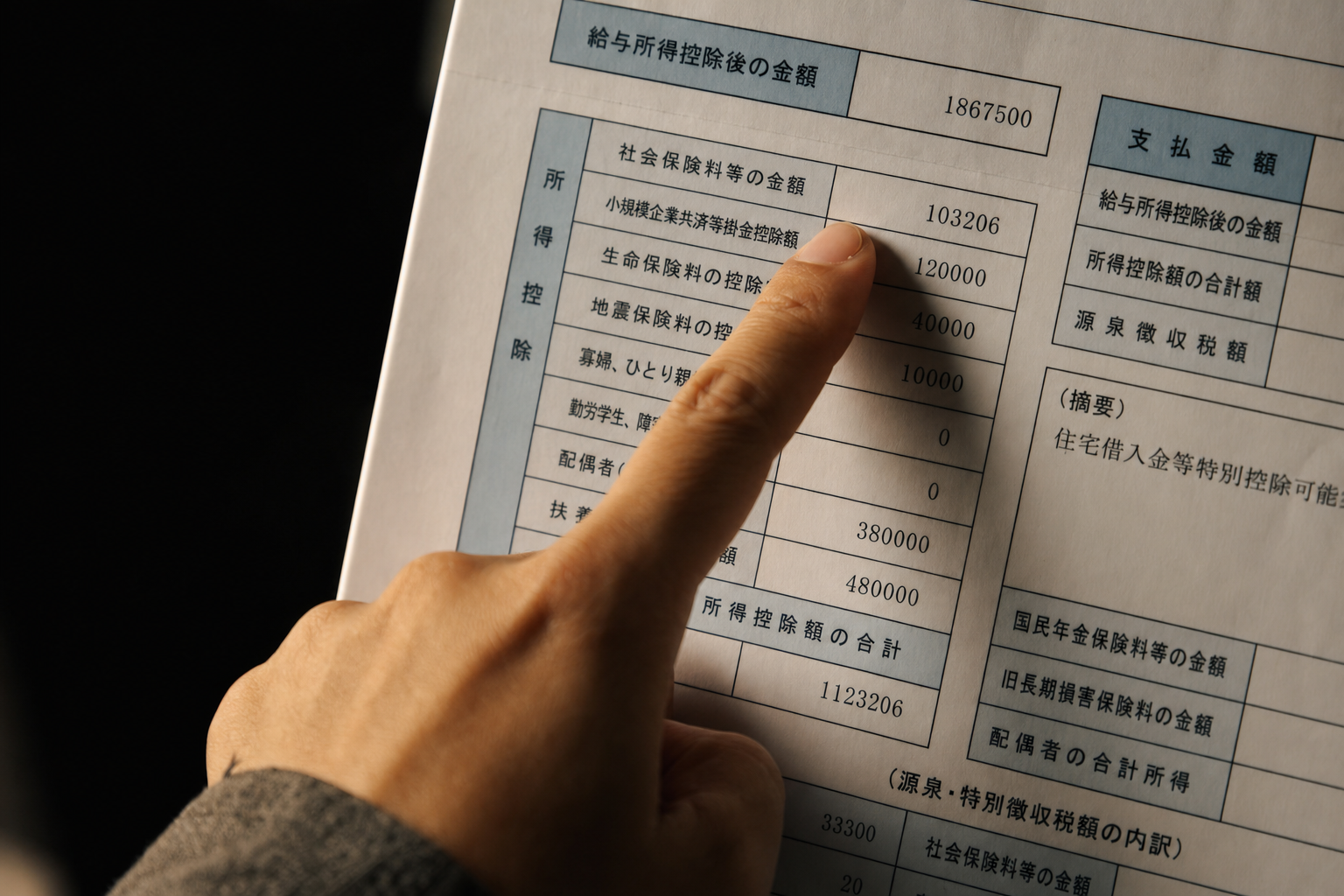 日本の源泉徴収票に指をさし、iDeCoの掛金が控除対象となる社会保険料控除の項目を確認している様子。