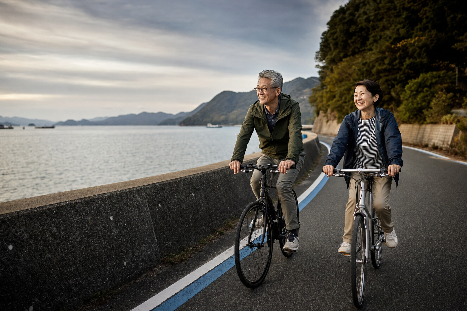 景色の良い海岸沿いをサイクリングする60代の日本人夫婦。計画的な資産形成によって実現した、アクティブなリタイア生活を表現。