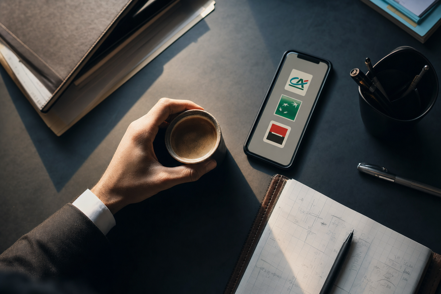 Le bureau d'un courtier immobilier, illustrant la mise en concurrence de différentes banques pour un client.
