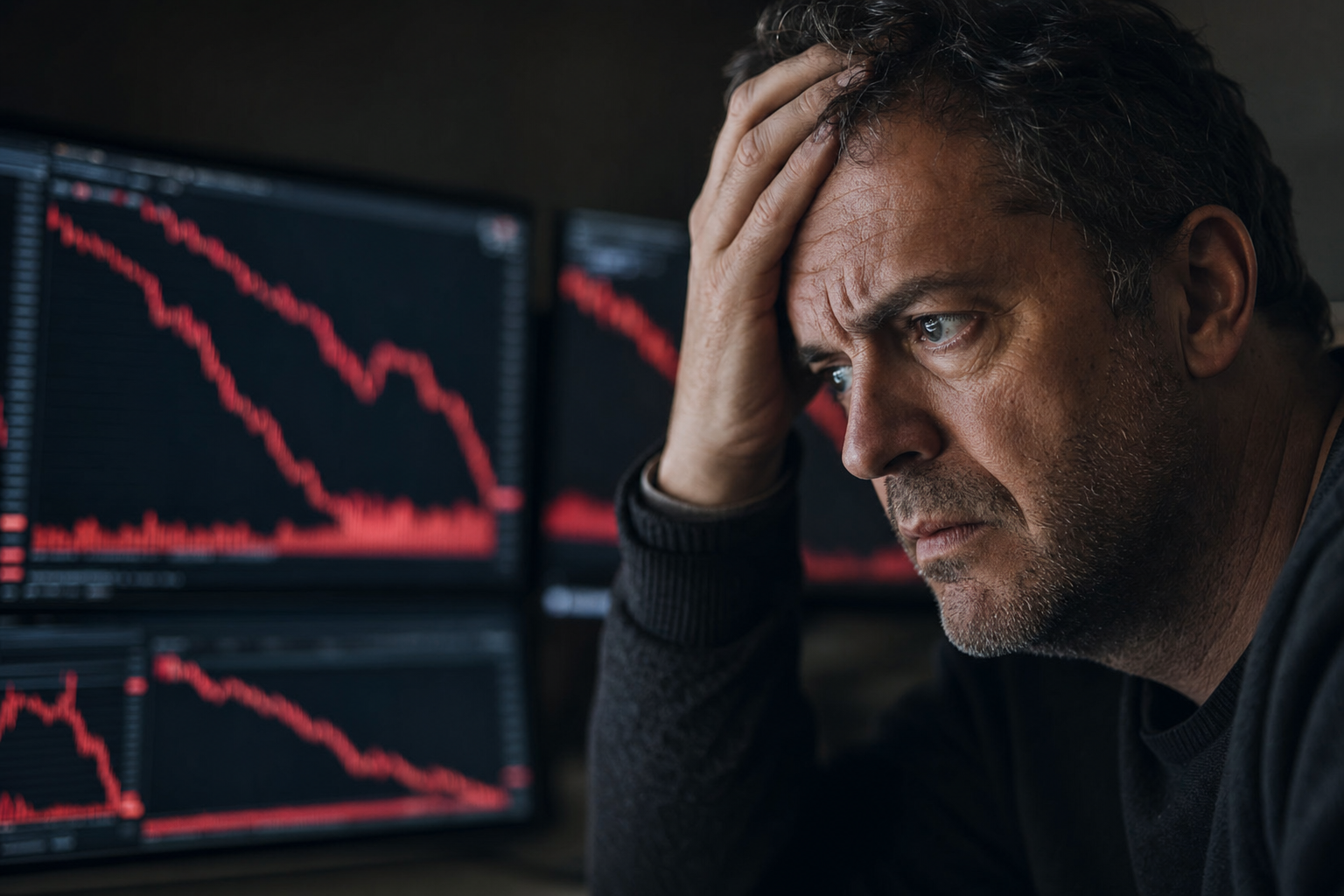 Um investidor stressado a olhar para gráficos de mercado em queda, ilustrando o erro de tomar decisões de investimento baseadas na emoção.