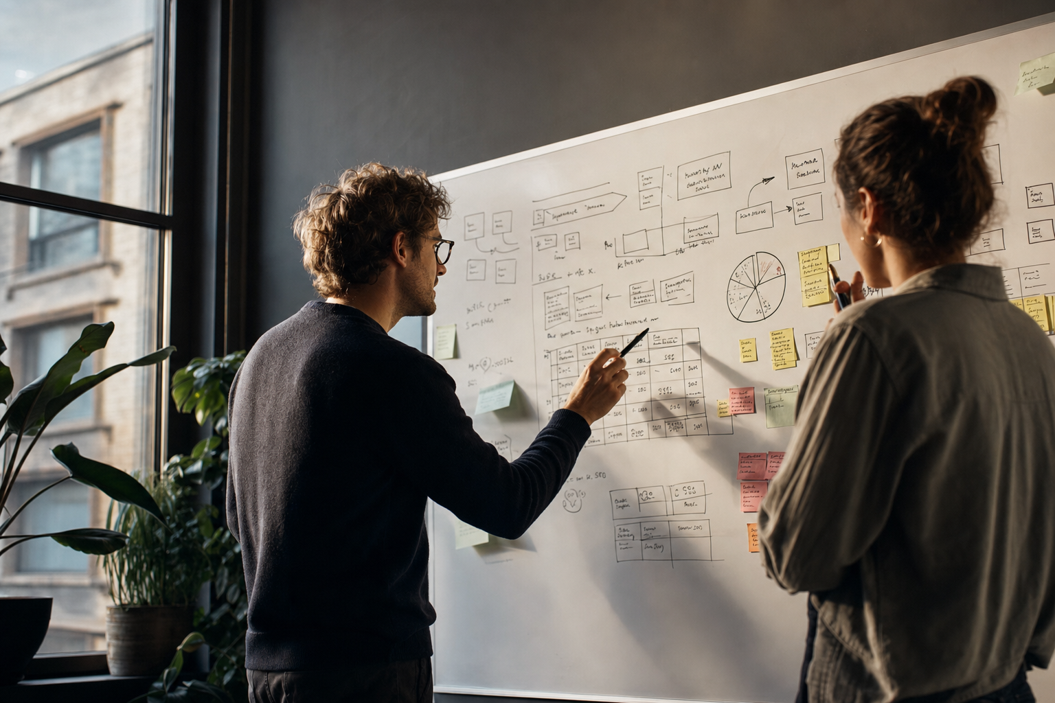 Två företagsgrundare som planerar sin bolagsstruktur och strategi på en whiteboard, en visuell representation av de diskussioner som leder fram till ett aktieägaravtal.