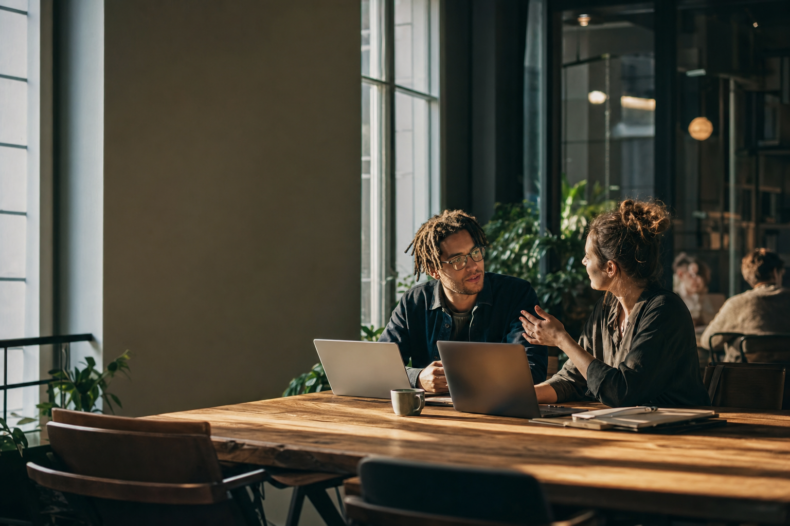 Två frilansare som nätverkar och samarbetar på ett modernt co-working space.