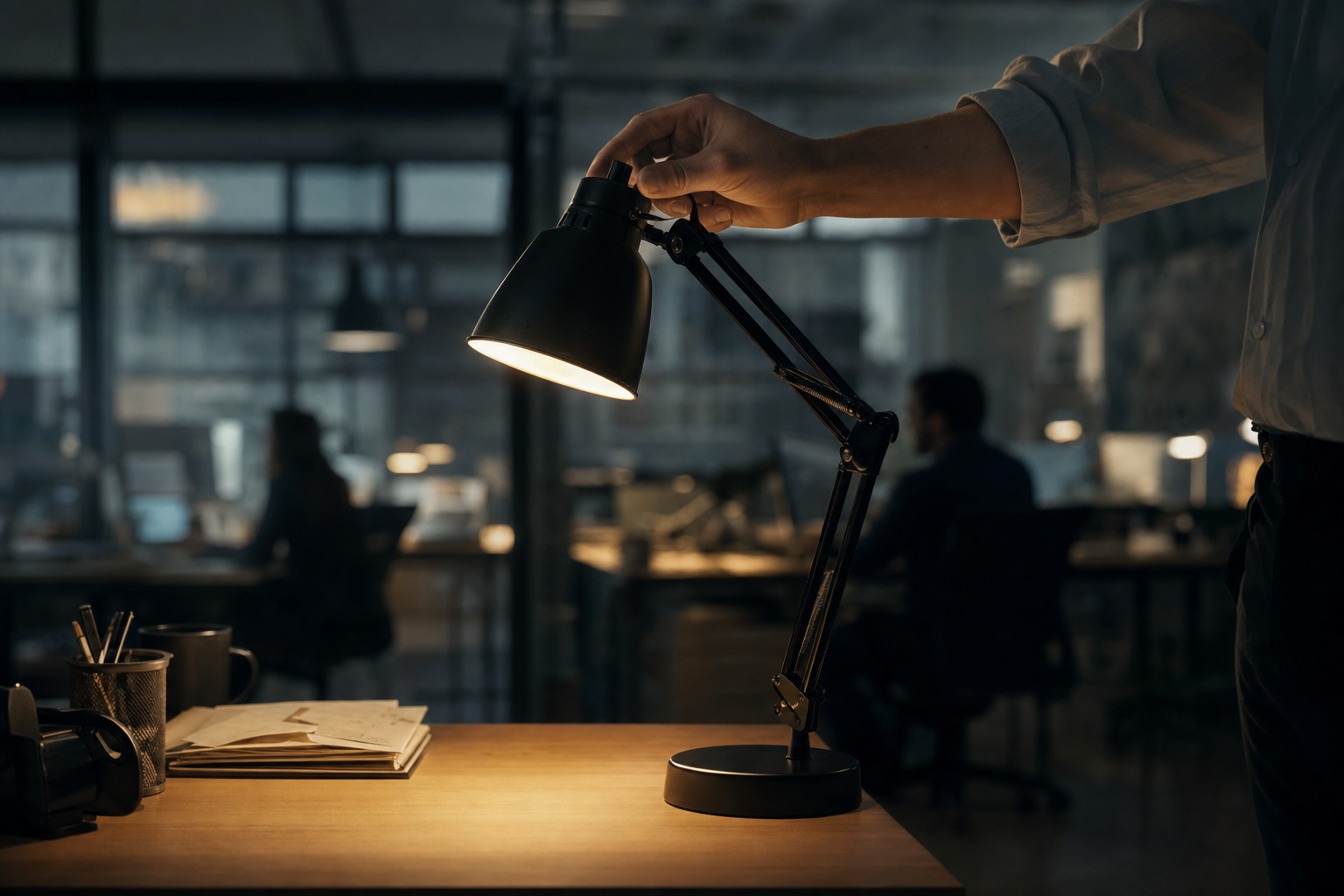 An employee's hand switching off a desk lamp, symbolizing the firm work-life boundaries central to quiet quitting.