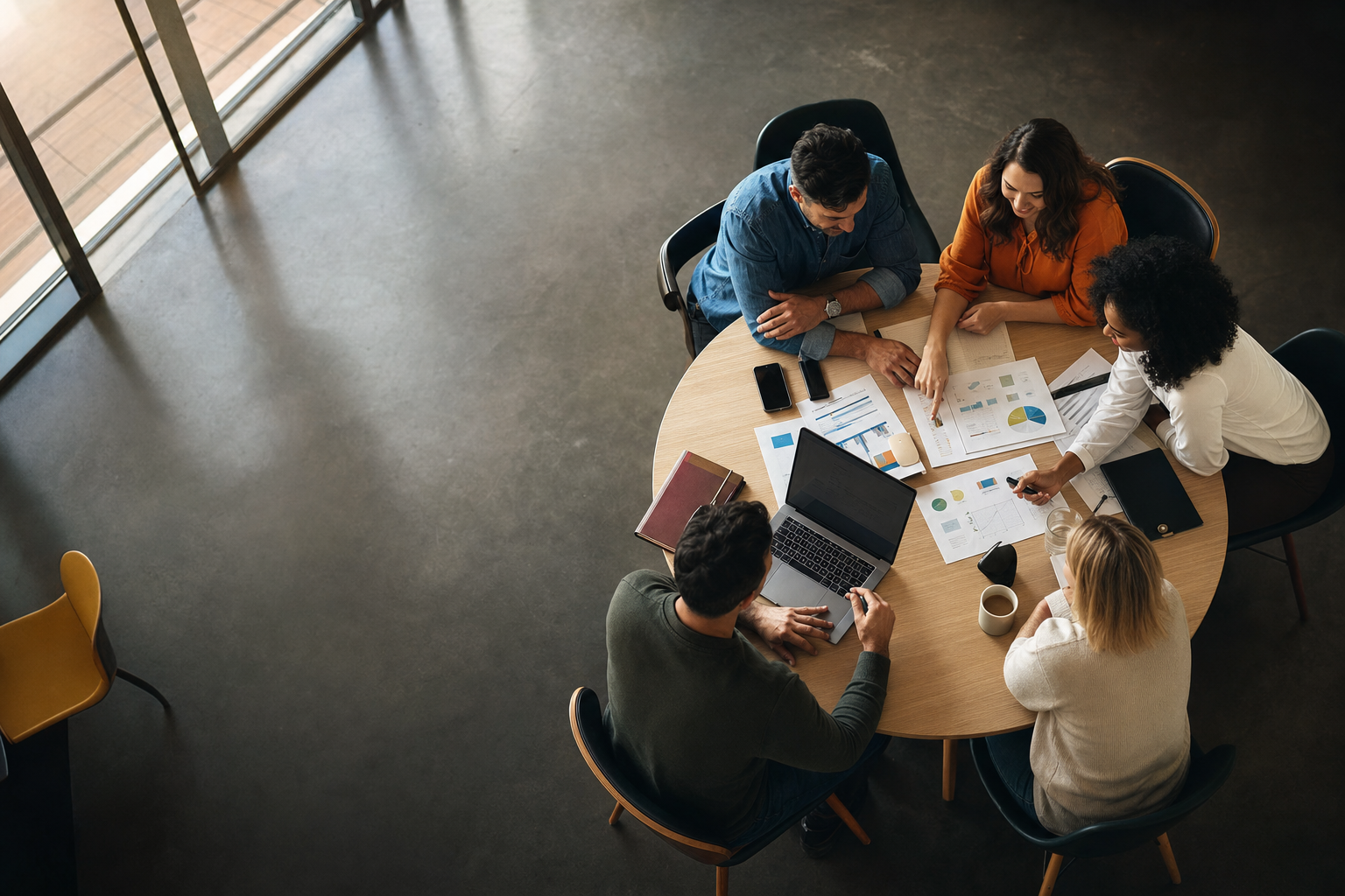 A group of engaged employees happily collaborating in a meeting, the ideal alternative to a disengaged workplace culture.