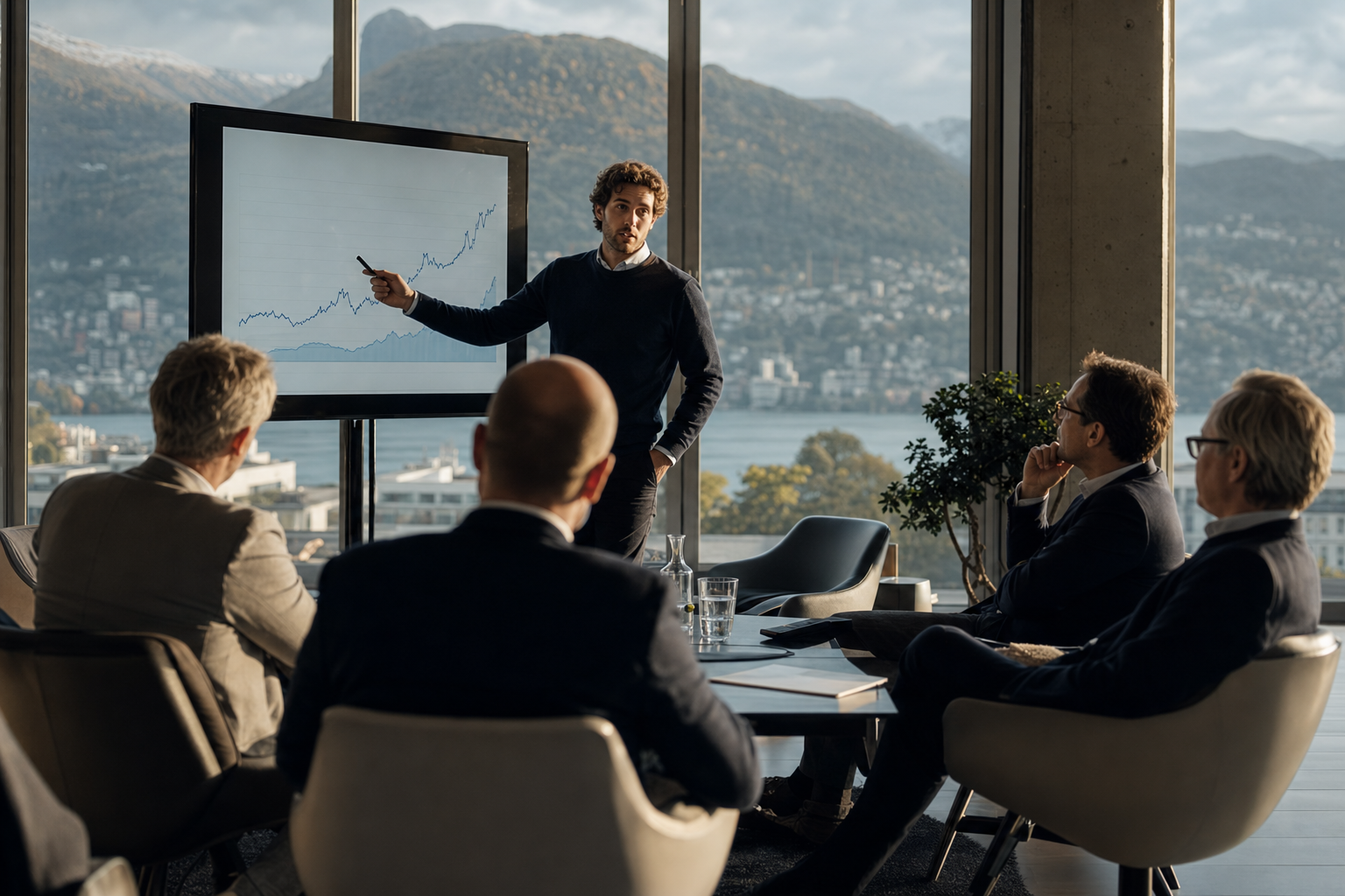 Founder di una startup presenta il suo business plan a un gruppo di venture capitalist per un round di finanziamento.