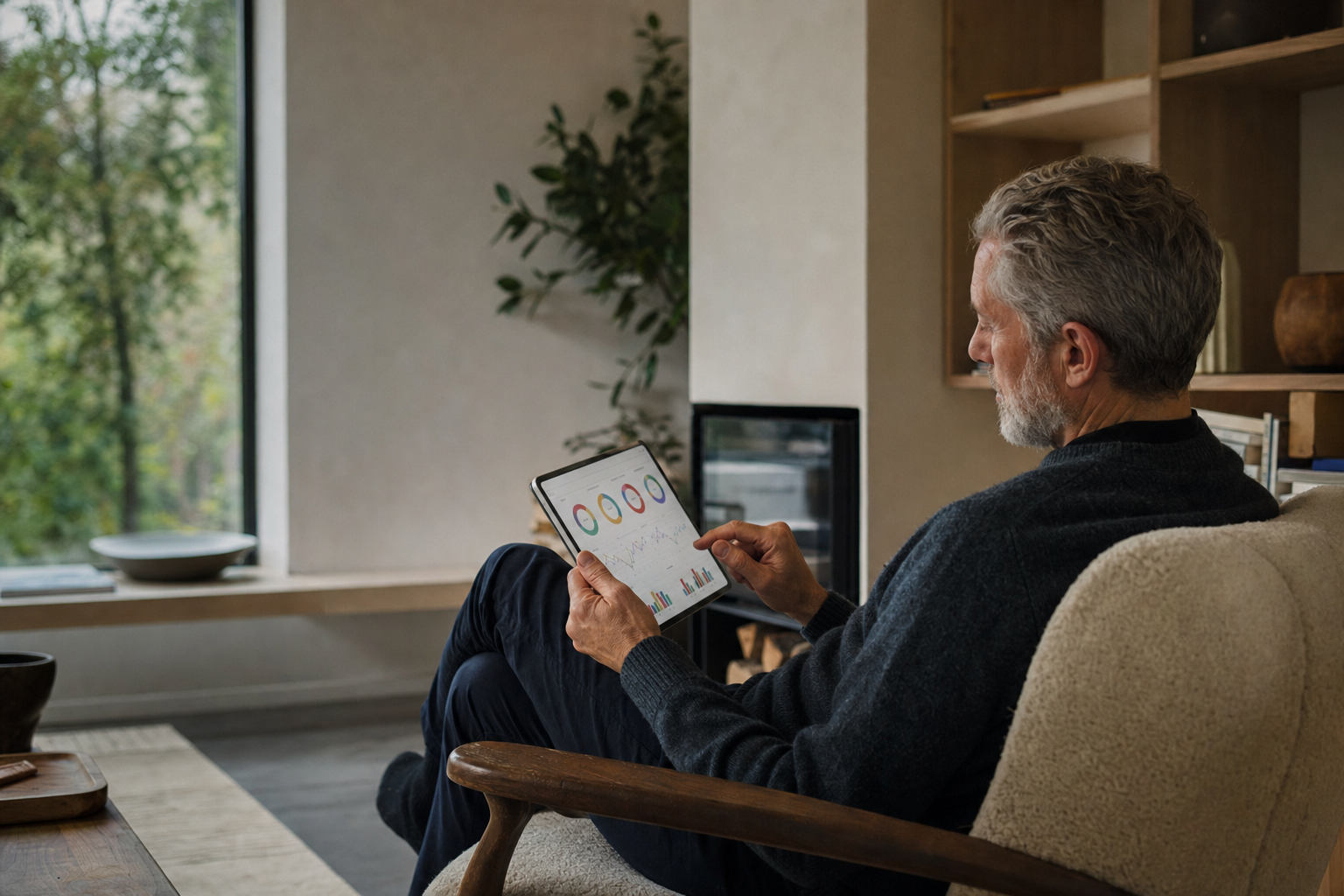 En investor overvåger sin diversificerede portefølje på en tablet og planlægger sin langsigtede økonomiske fremtid.