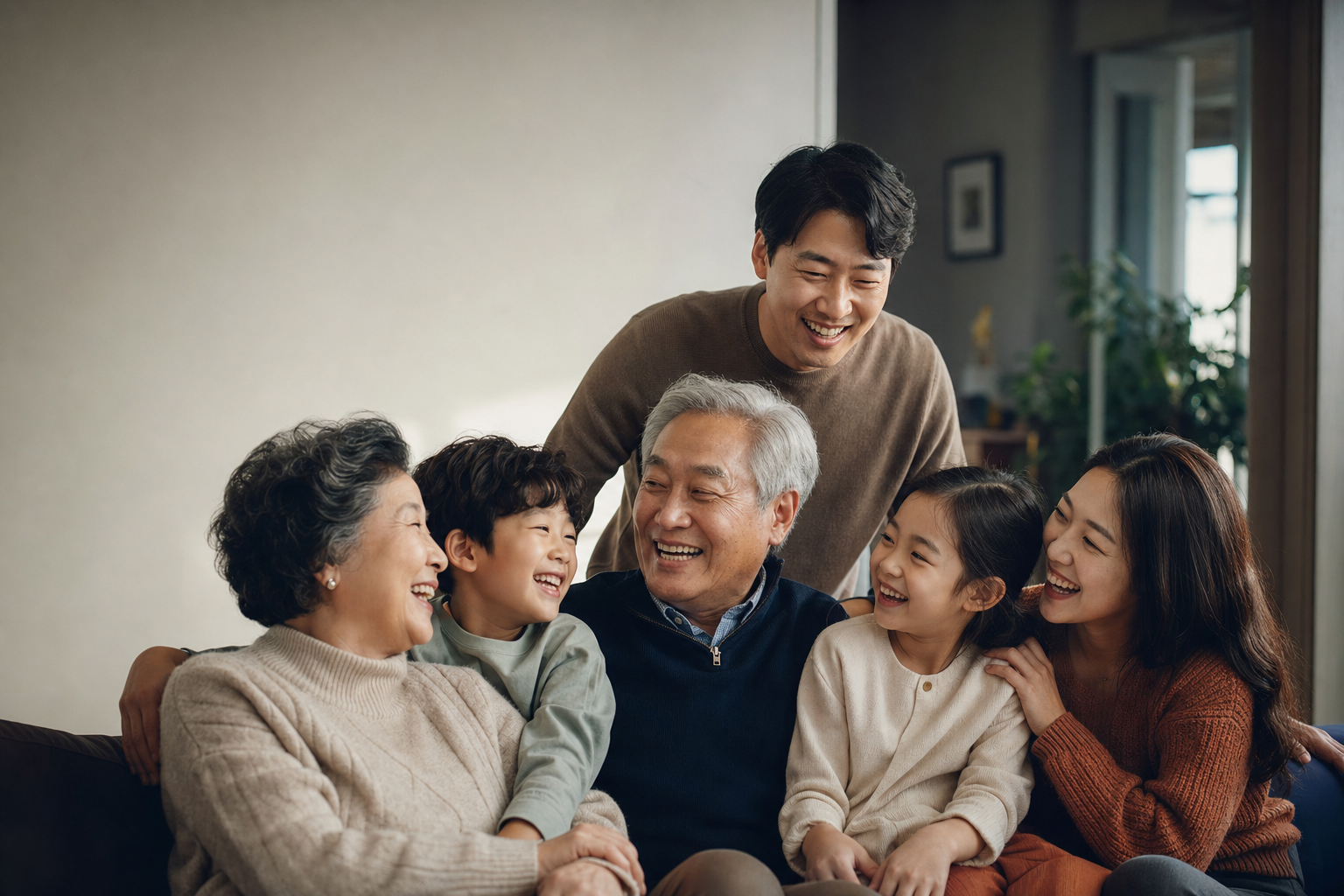 거실에 모여 함께 웃고 있는 한국의 다세대 가족 사진으로, 부양가족 인적공제 개념을 나타냅니다.