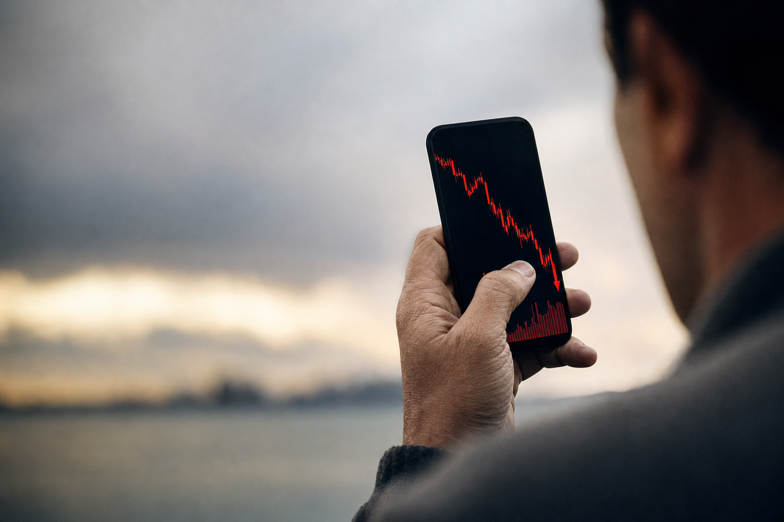 Borsa'daki dalgalanmaları ve riskleri simgeleyen, akıllı telefon ekranındaki düşen grafiğe bakan bir yatırımcı.