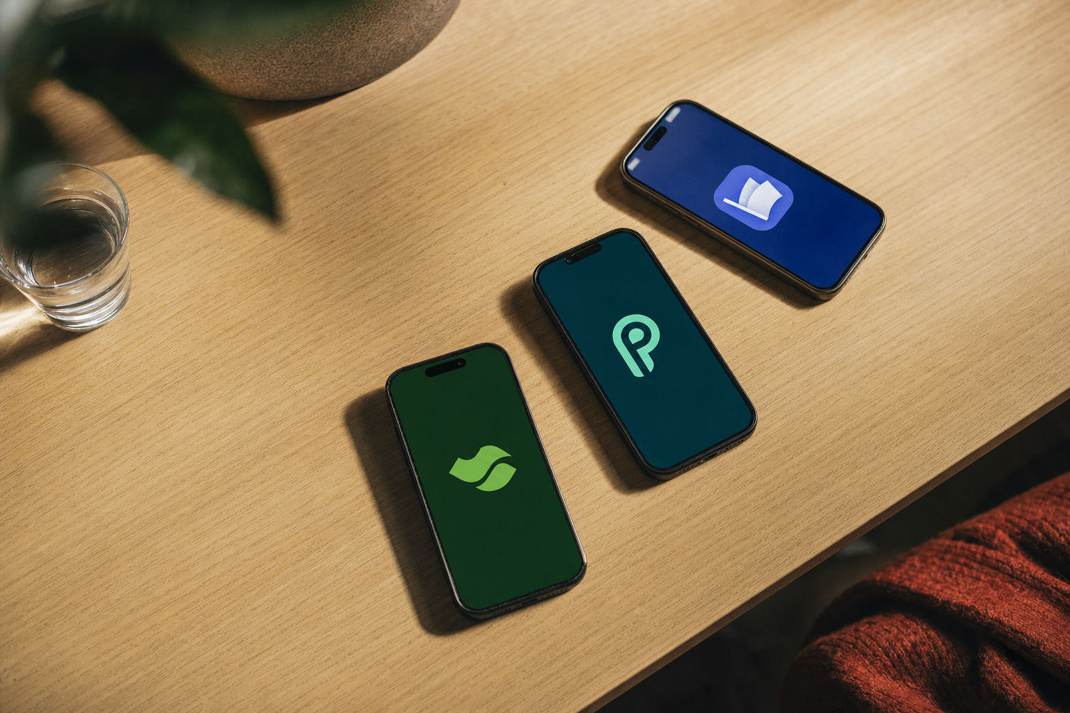 Kolme älypuhelinta vierekkäin pöydällä, joissa näkyvät MobilePay-, Pivo- ja Siirto-sovellusten logot.