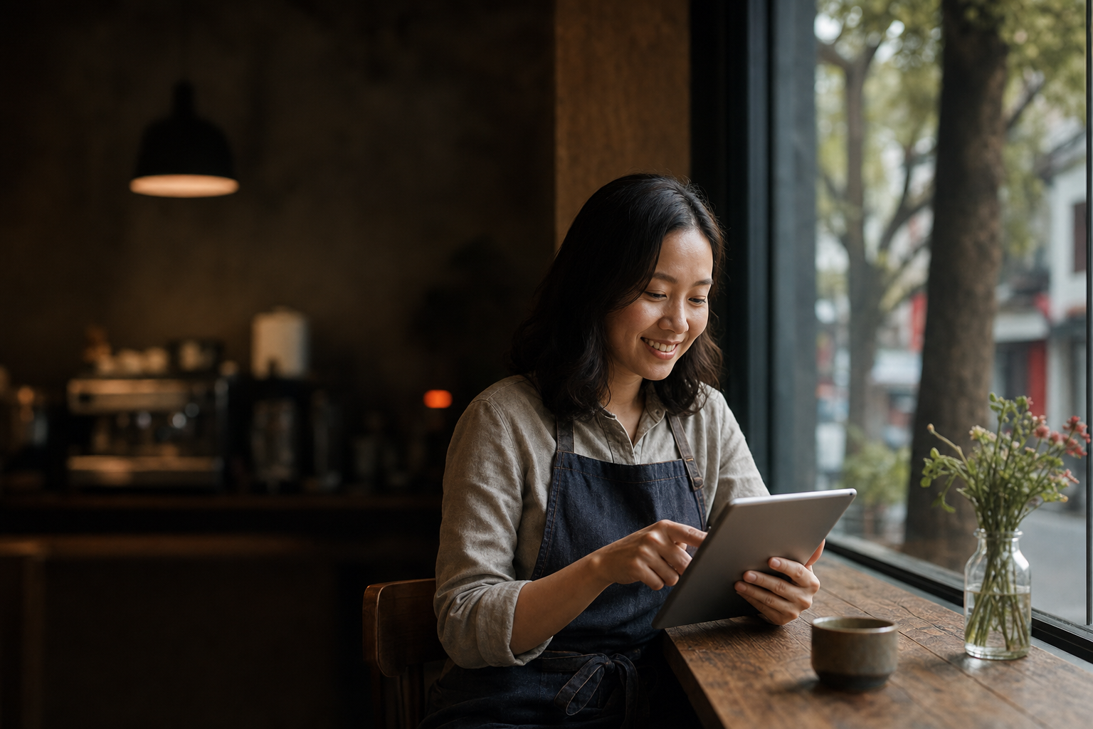 Một chủ doanh nghiệp nhỏ ở Việt Nam sử dụng ứng dụng quản lý tài chính dựa trên Open Banking để xem tổng hợp các tài khoản ngân hàng.