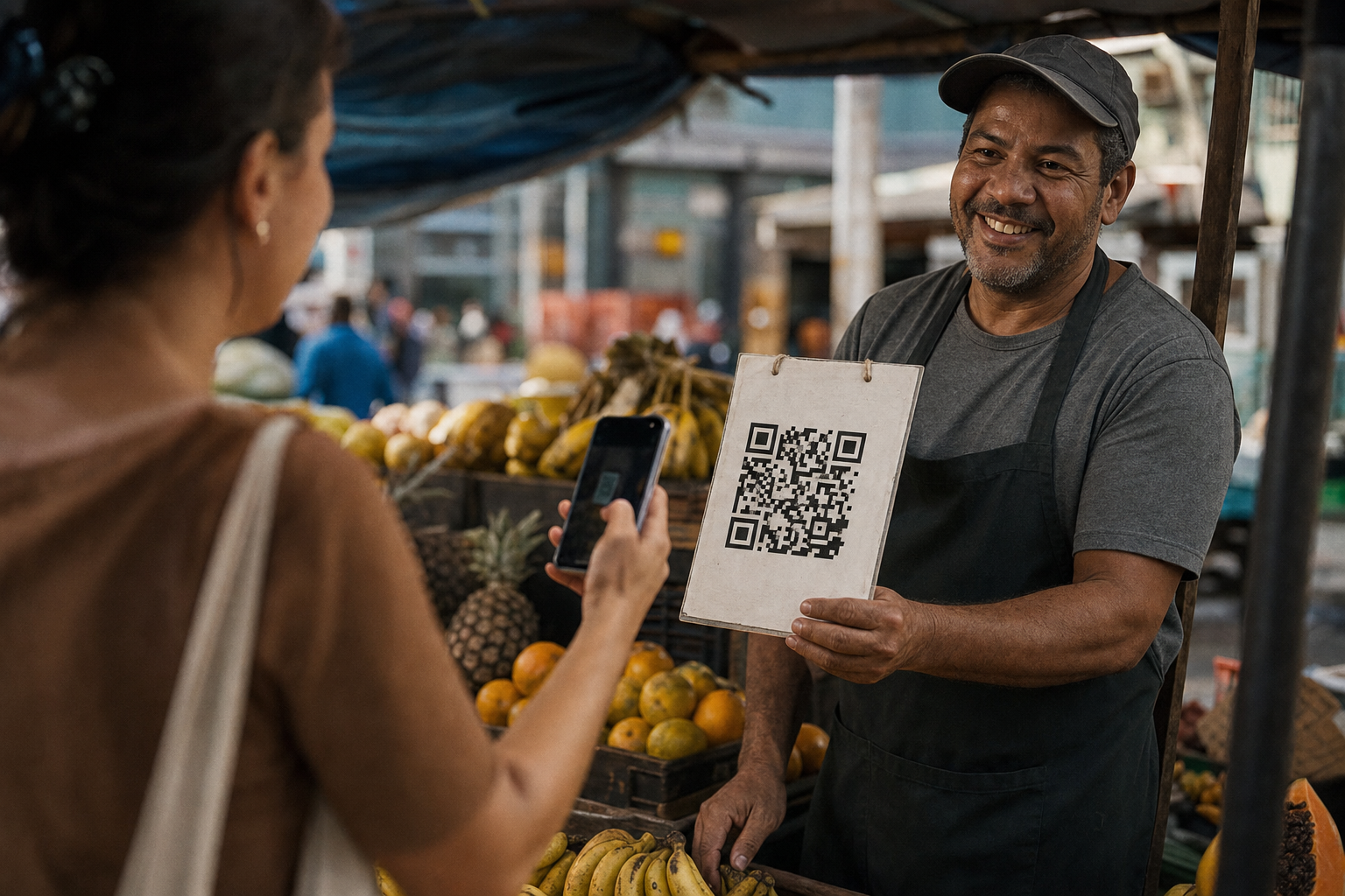 Um cliente a usar o smartphone para pagar com Pix numa banca de frutas no Brasil.
