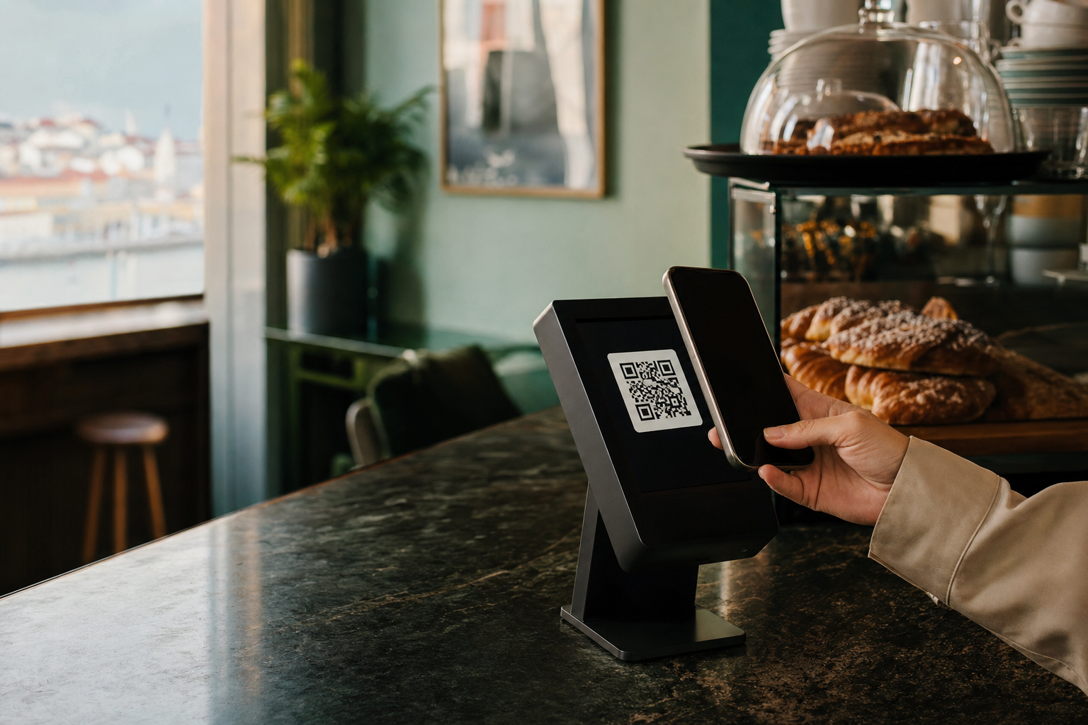 Terminal de pagamento numa loja em Portugal a mostrar um código QR do MB WAY.
