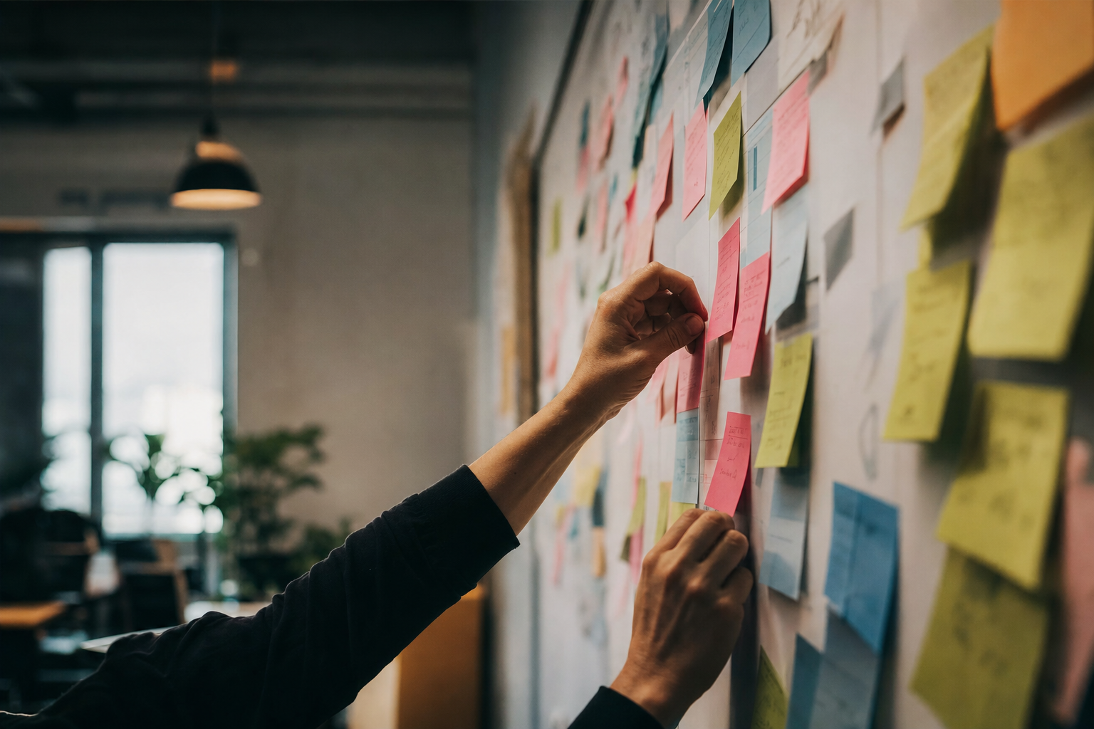 En person som organiserar idéer på post-it-lappar, vilket symboliserar kreativ problemlösning och kritiskt tänkande.