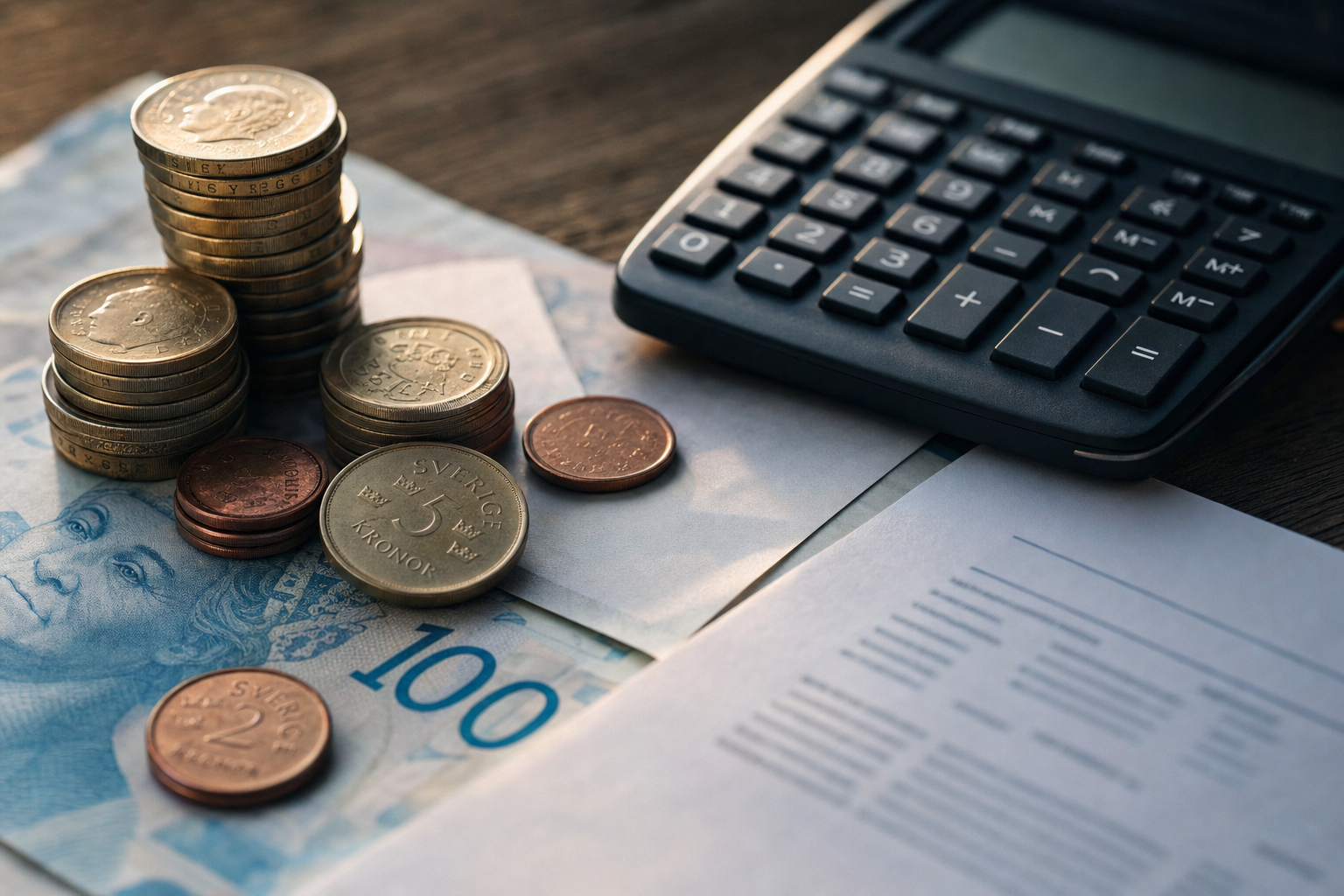 Närbild på svenska kronor och en miniräknare som används för att beräkna schablonskatten på ett investeringssparkonto.