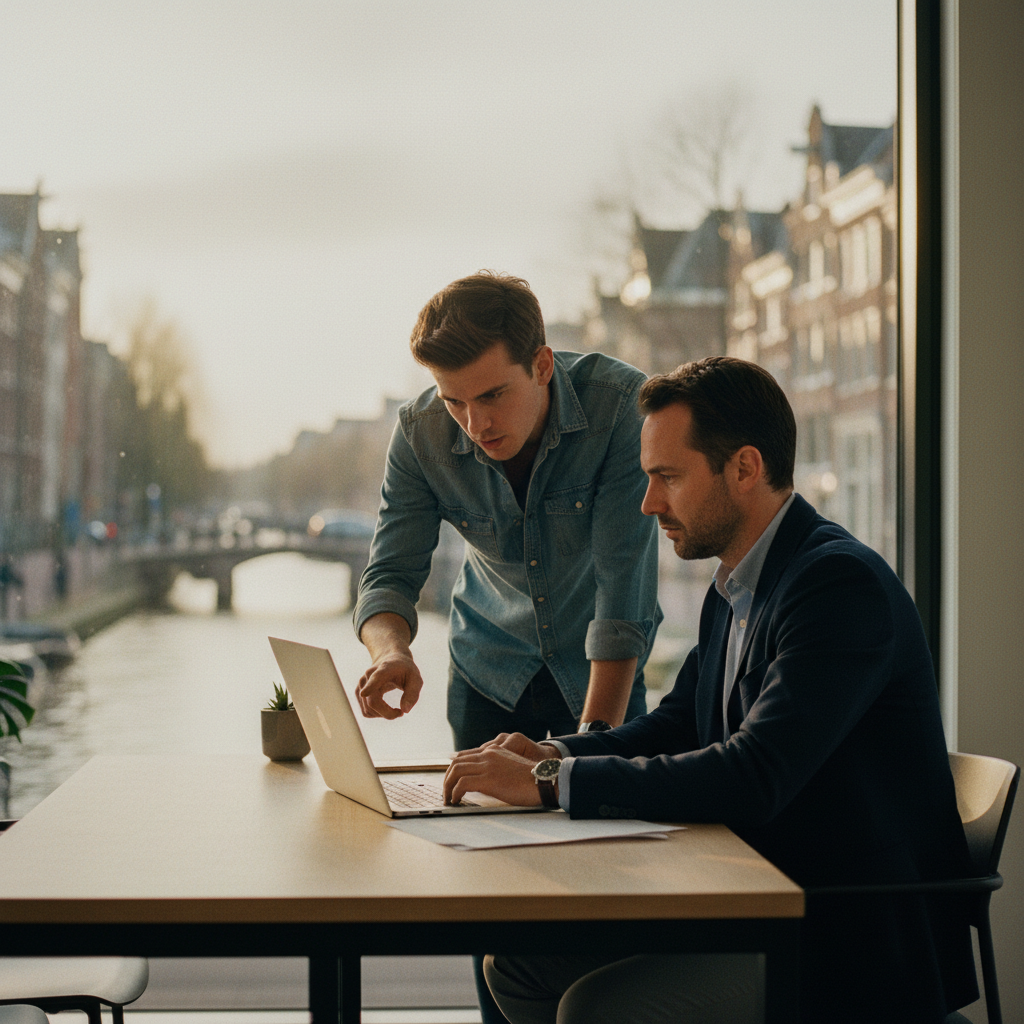 Een oprichter en een investeerder die samen de voorwaarden van een converteerbare lening bespreken in een modern kantoor.