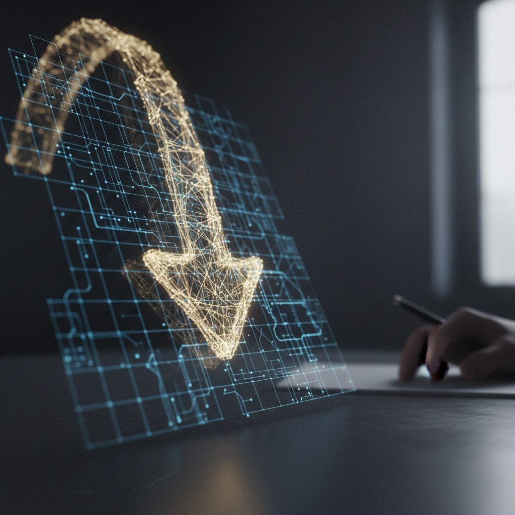 Illustrazione concettuale della vendita allo scoperto, con una freccia discendente che indica un calo di valore su uno sfondo digitale e finanziario.