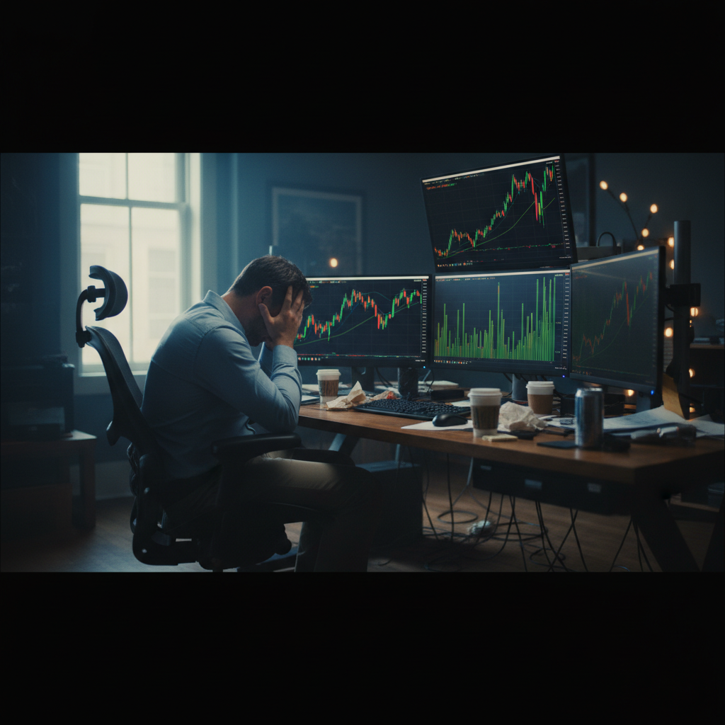 Un investitore disperato di fronte a un monitor che mostra un improvviso e forte rialzo del prezzo di un'azione, che rappresenta il rischio di uno short squeeze.