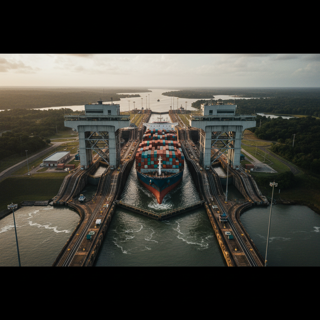 Un buque atravesando las esclusas del Canal de Panamá, otro de los puntos estratégicos vitales para el comercio entre los océanos Atlántico y Pacífico.