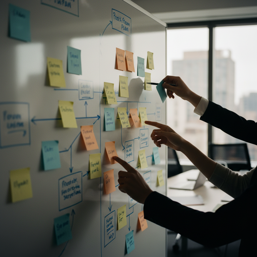 En whiteboard med post-it-lappar som visar en komplex planering, en illustration av det strategiska arbete som krävs för att införa en 4-dagarsvecka.