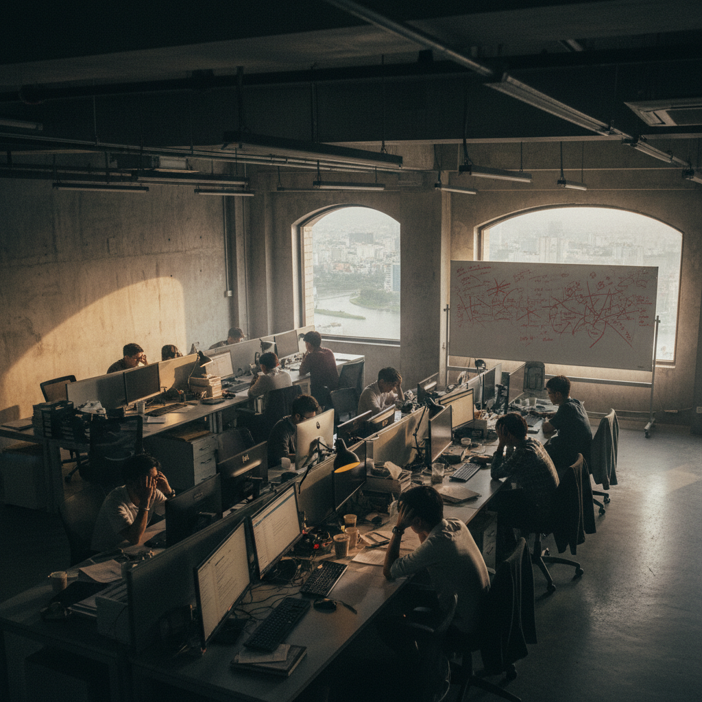 Không gian làm việc hỗn loạn của một startup đang chịu áp lực, tượng trưng cho xung đột nội bộ và mở rộng quy mô quá sớm.
