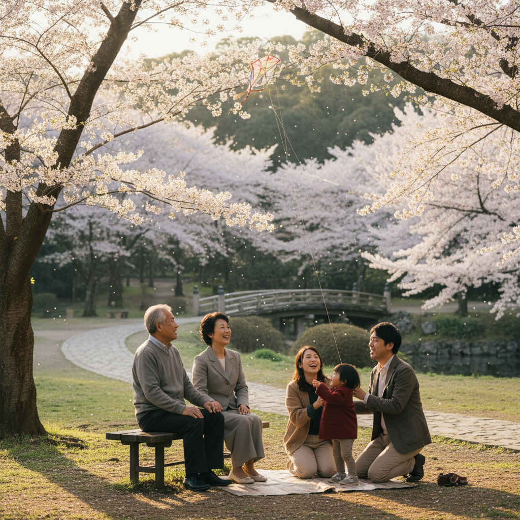 満開の桜の下の公園で、祖父母、両親、子供の三世代家族が楽しそうに過ごしている様子。これは投資の長期的な目標である家族の幸せや安定した老後を象徴しています。