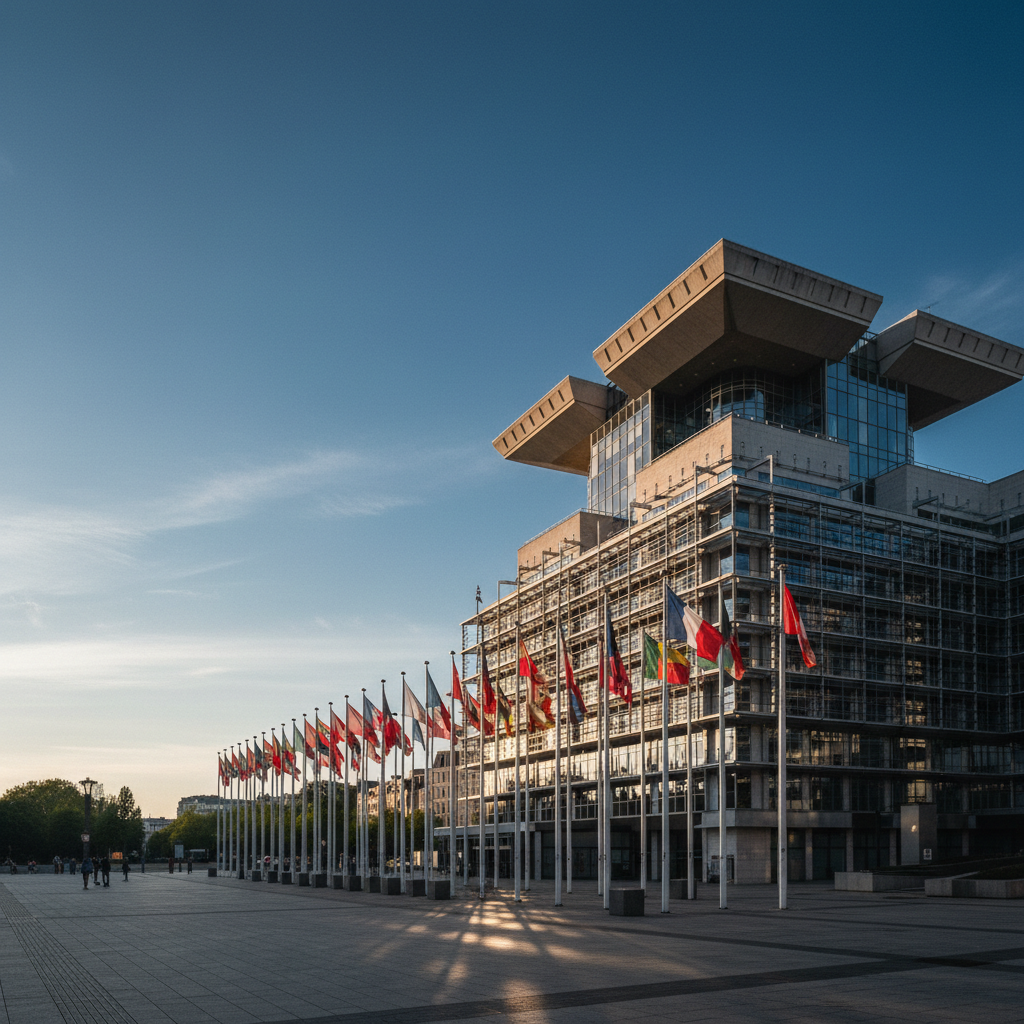 O imponente edifício da Comissão Europeia em Bruxelas, simbolizando a governação centralizada da União Europeia.