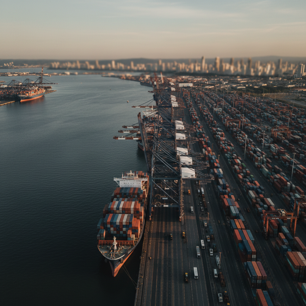 O Porto de Santos no Brasil, um hub crucial para o comércio internacional do Mercosul, especialmente de commodities.