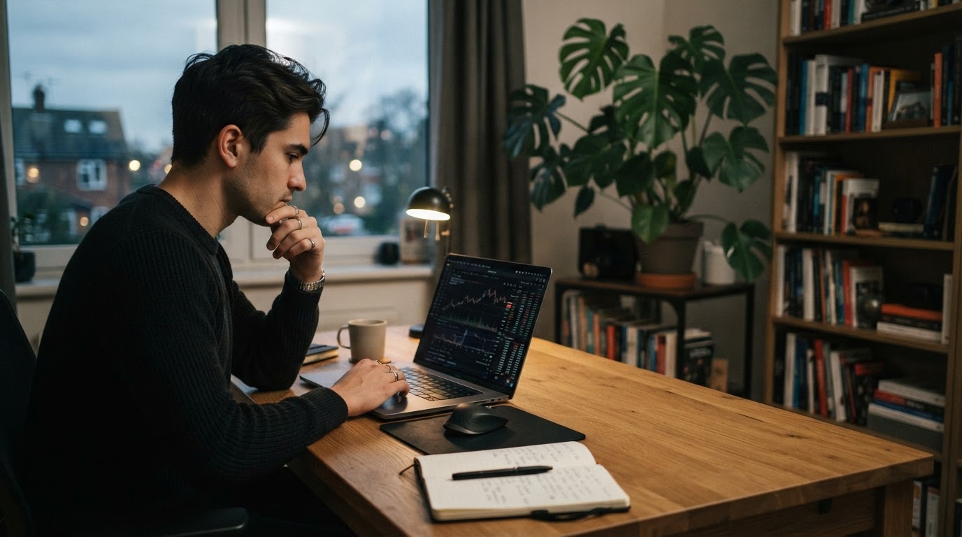 Ein Anleger analysiert am Laptop Finanzdaten und Börsenkurse, ein wichtiger Schritt beim Vermögensaufbau als Anfänger.