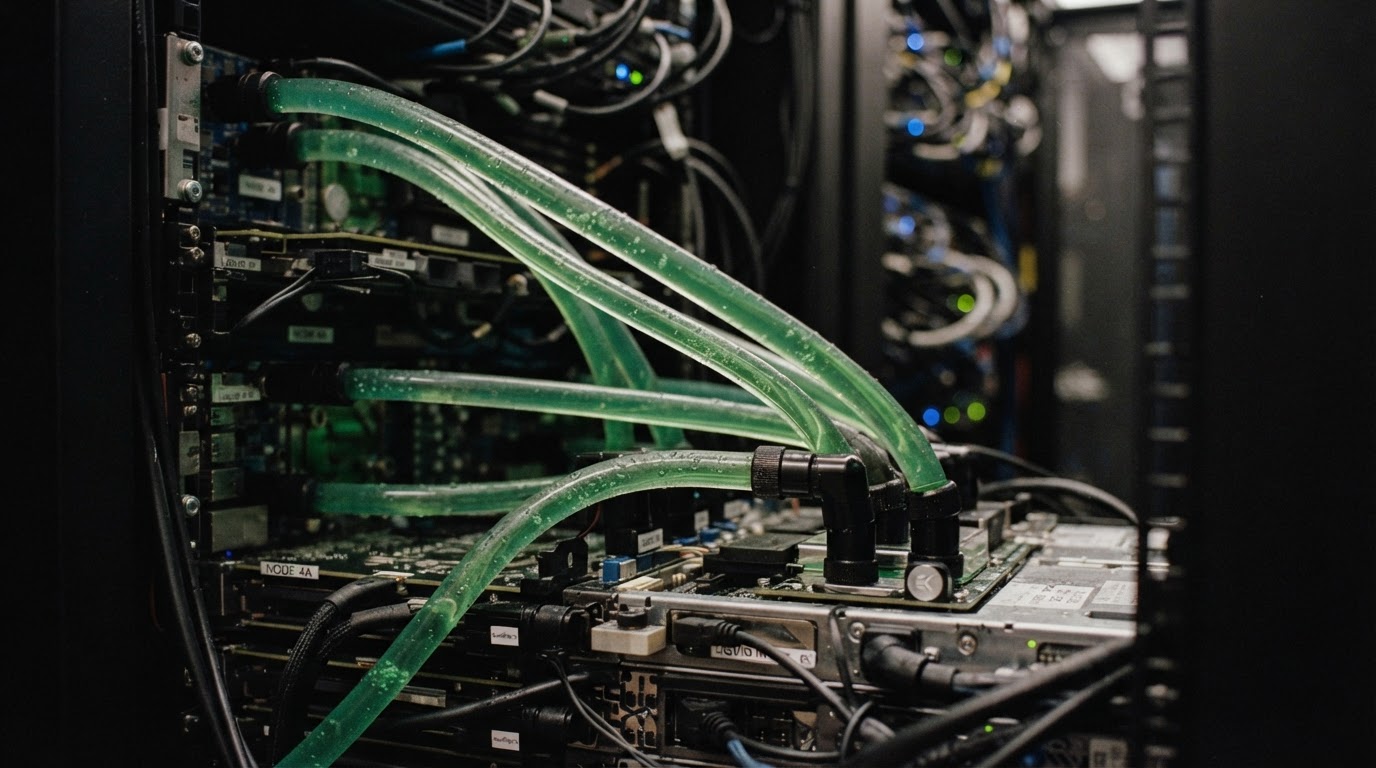 Advanced liquid cooling system inside a high-performance computing data center, showing tubes of coolant managing heat from powerful processors.