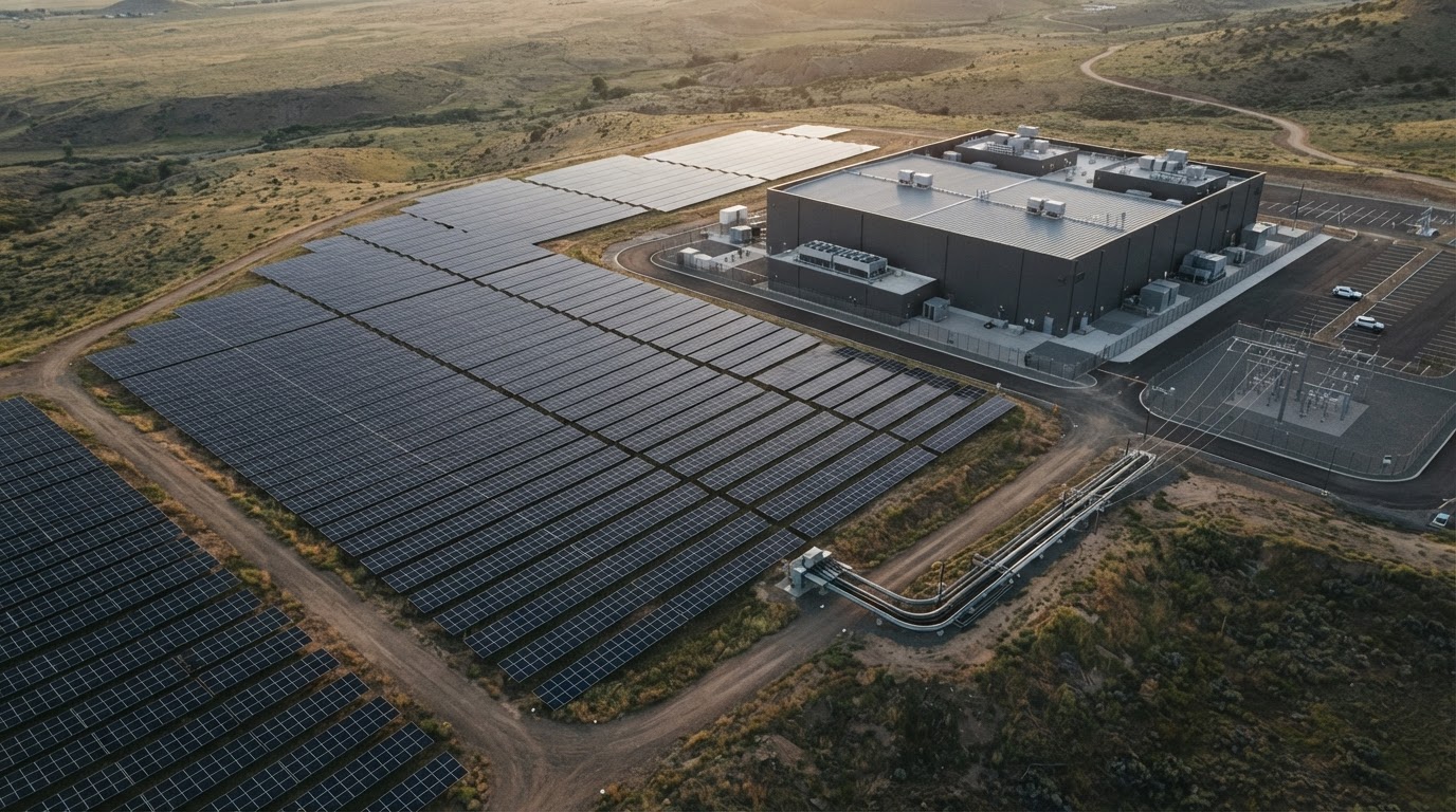 An aerial view of a solar farm built alongside a data center, signifying the tech industry's move towards co-located renewable energy sources.