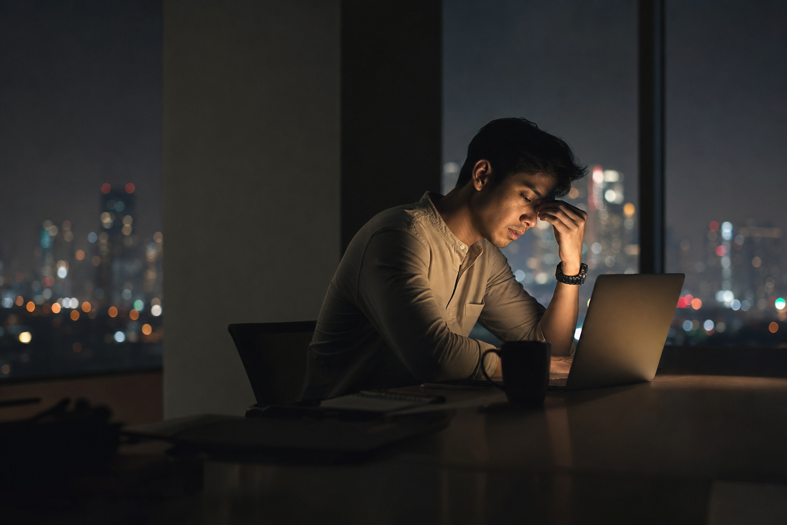 Seorang profesional muda di Indonesia terlihat lelah saat menjalankan 'hustle culture' dengan bekerja hingga larut malam di depan laptopnya.