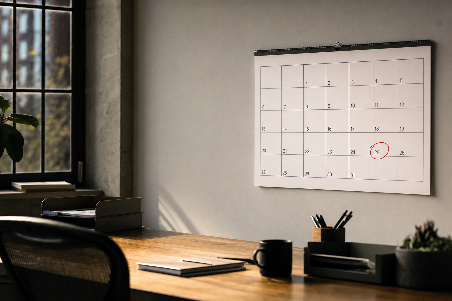 Een lege, moderne kantoorplek met een kalender die de vrijdag als vrije dag markeert, een symbool voor de vierdaagse werkweek.