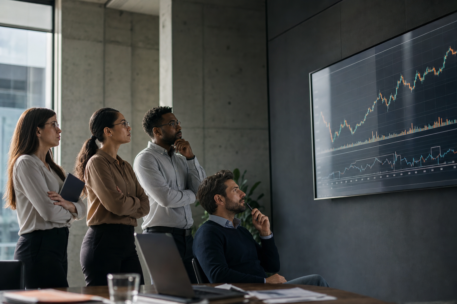 Un guide complet expliquant ce qu'est un ETF, montrant un groupe de personnes analysant des graphiques financiers sur un écran numérique.