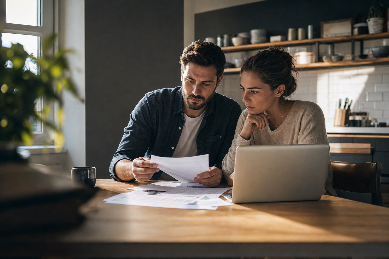 Un couple planifiant son budget pour négocier son prêt immobilier, avec des documents et un ordinateur portable sur une table.