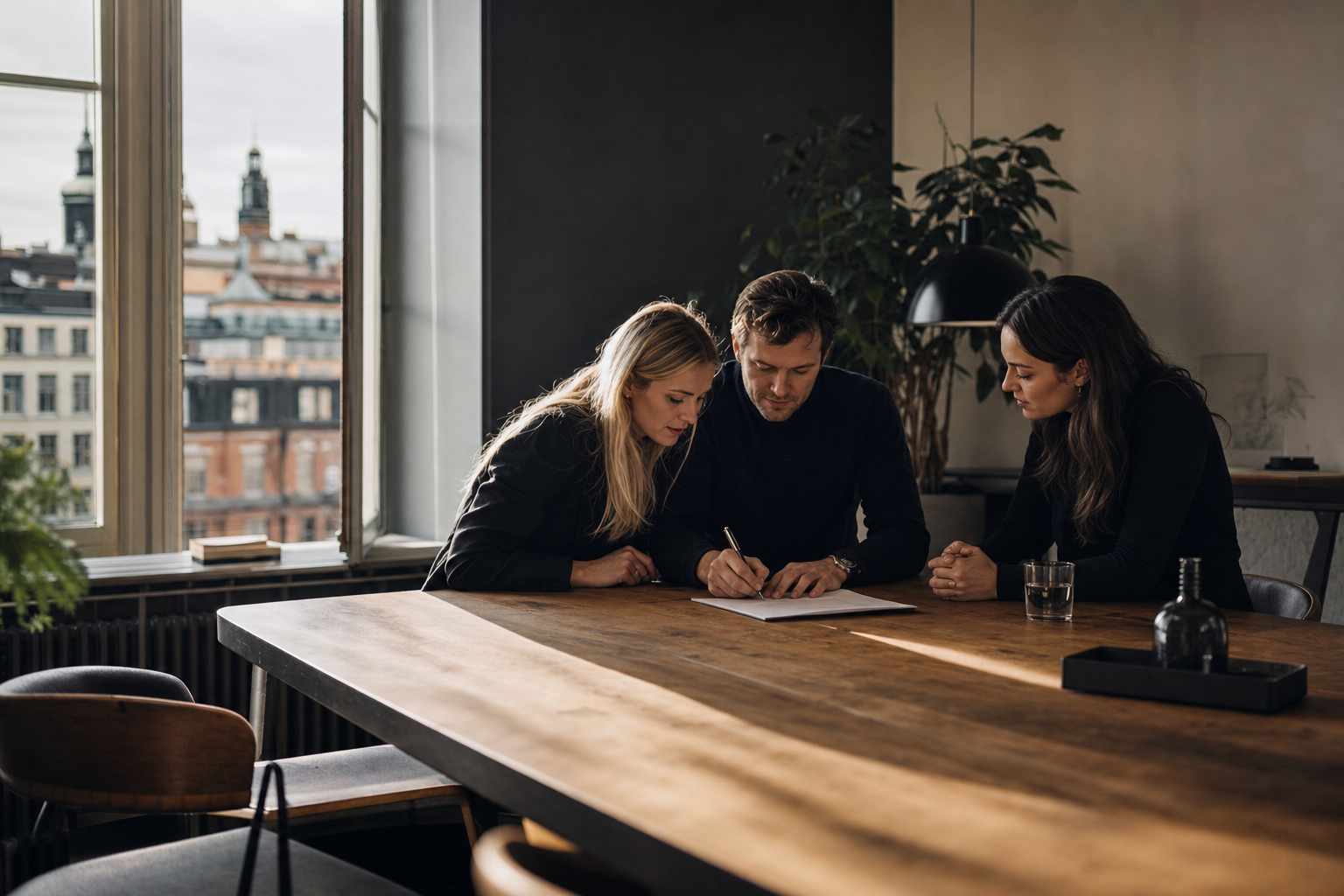 En grupp grundare som skriver under ett aktieägaravtal, vilket symboliserar starten på ett formellt samarbete i deras svenska startup.