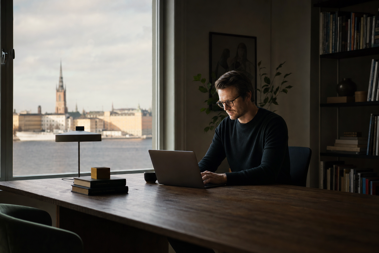 En person som arbetar vid en bärbar dator i ett ljust hemmakontor, en viktig del för att lyckas som frilansare i Sverige.