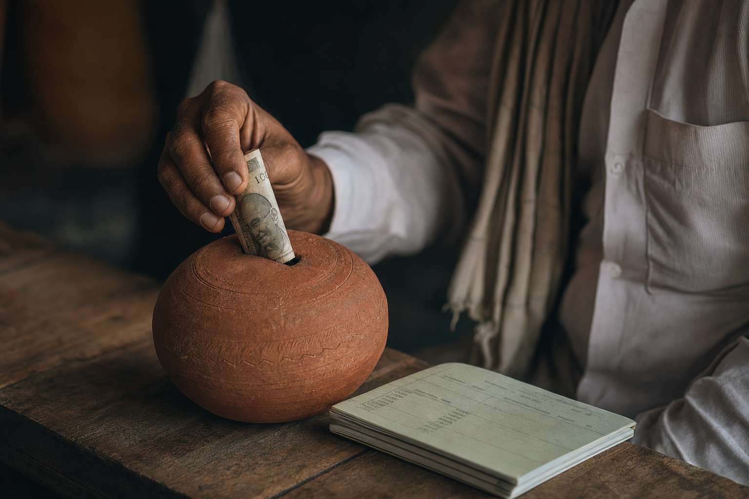 एक व्यक्ति सार्वजनिक भविष्य निधि (PPF) में निवेश का प्रतीक, एक पासबुक के पास गुल्लक में भारतीय रुपये के नोट डाल रहा है।