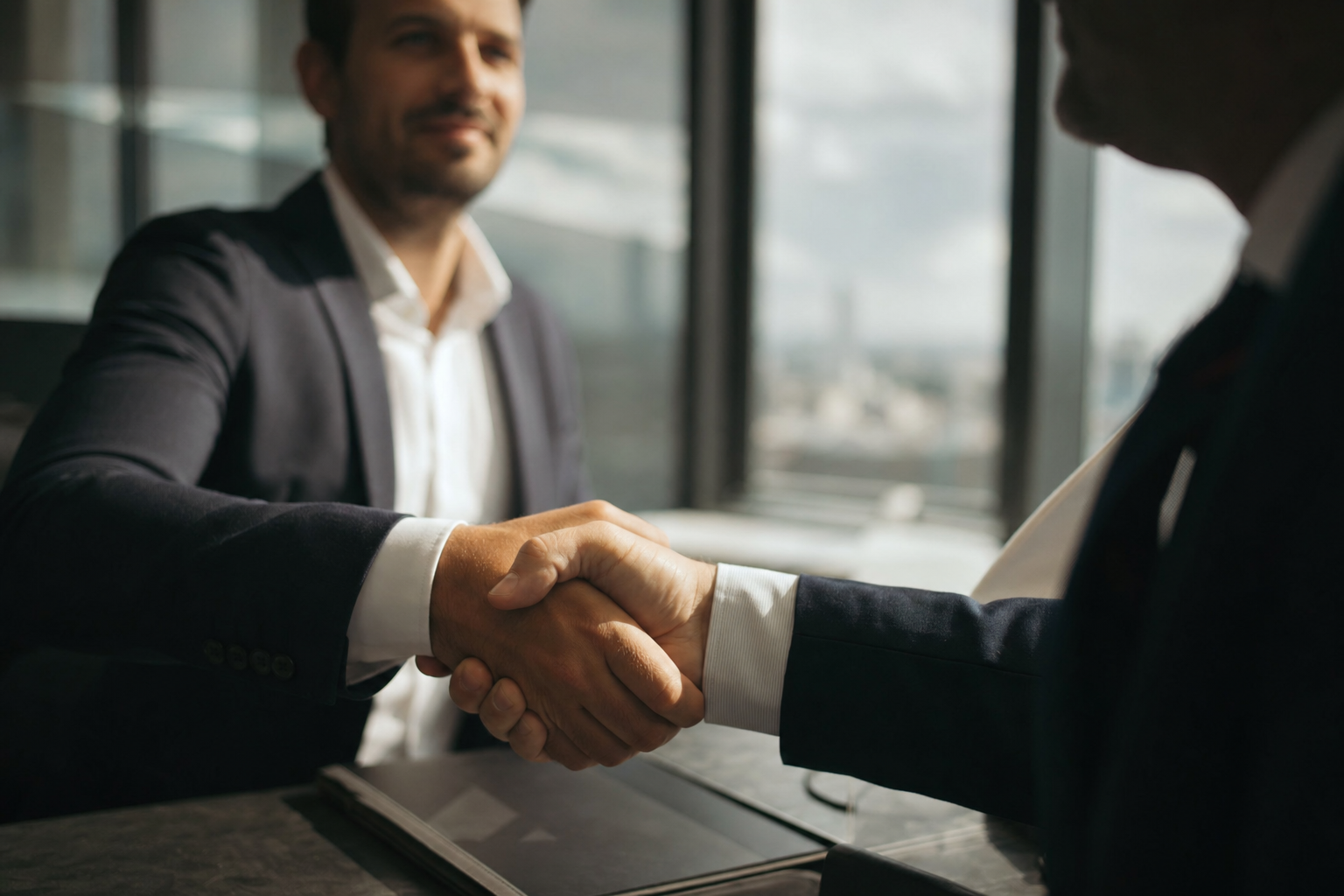 Um aperto de mão a selar um acordo de financiamento Venture Capital, simbolizando a parceria entre um empreendedor e um investidor.
