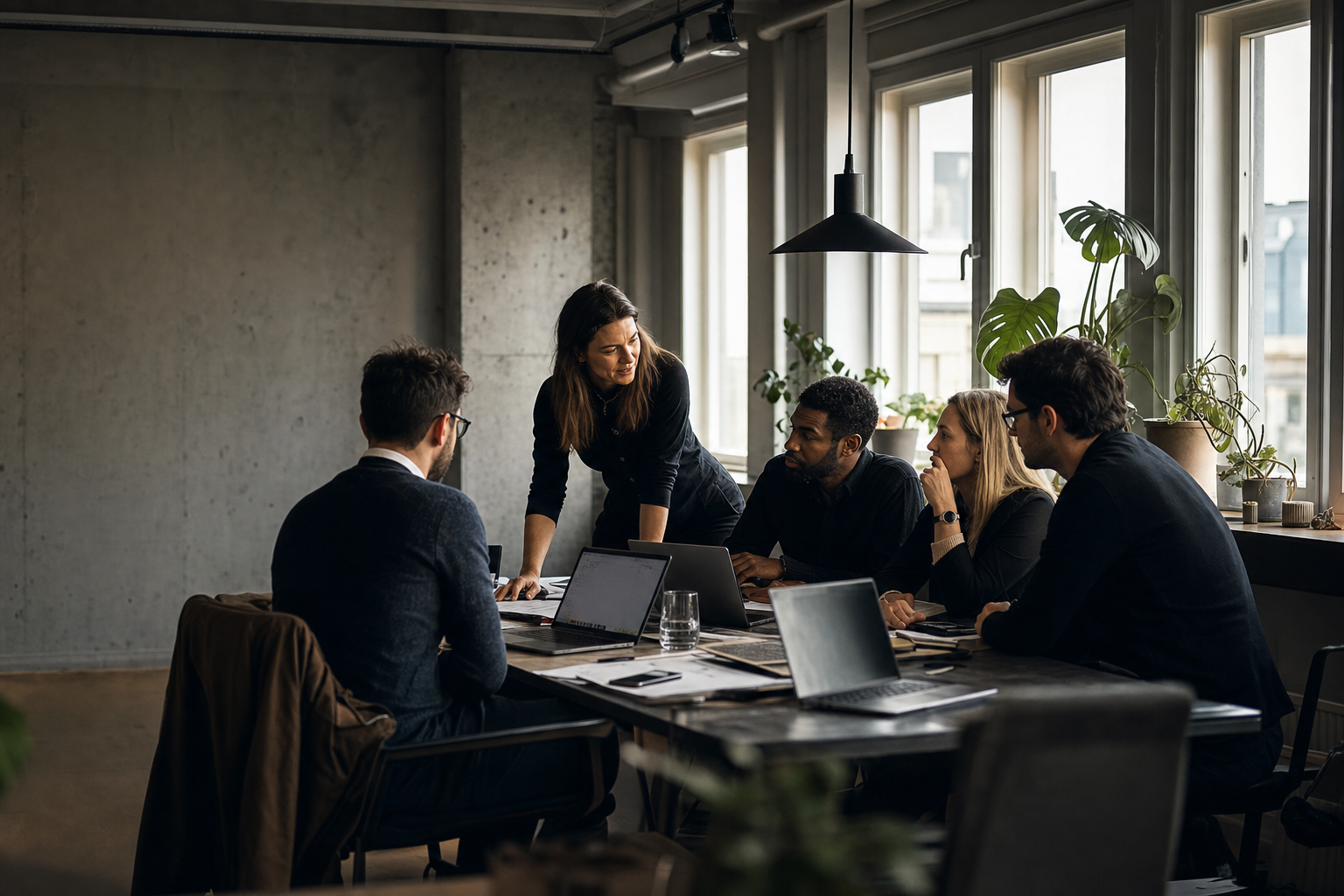 En grupp kollegor som diskuterar de nio viktigaste maktkompetenserna under ett möte på ett ljust, modernt svenskt kontor.