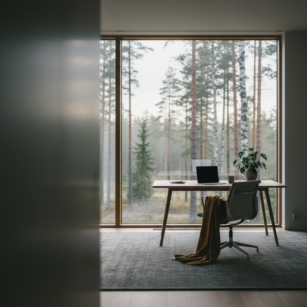 Ett ljust och modernt kontor med utsikt över en svensk skog, en bild som representerar konceptet 4-dagarsvecka och förbättrad arbetslivsbalans.