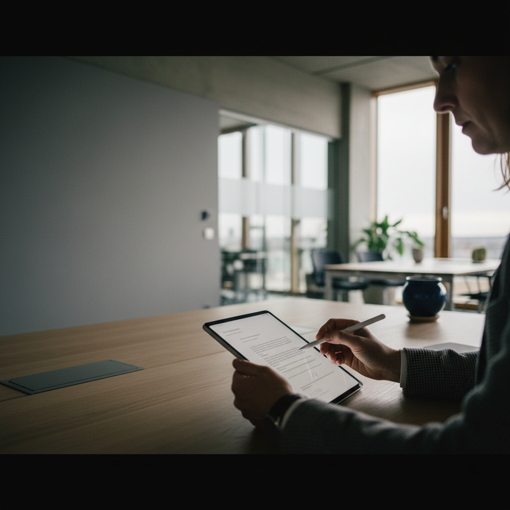 En person anvender en stylus til at placere en digital signatur på en tablet i en sammenligning mellem Penneo vs. Addo Sign.