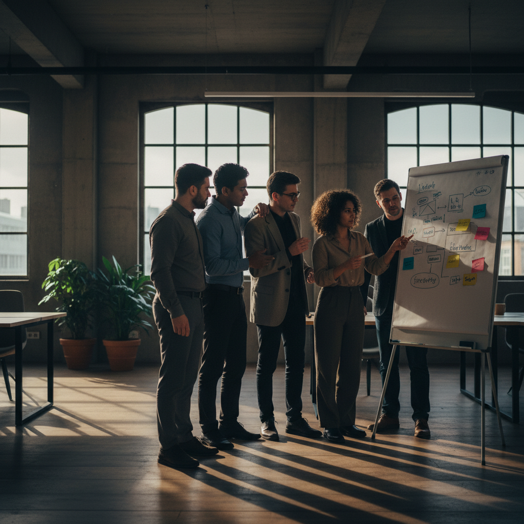 Eine Gruppe von Gründern arbeitet an einem Geschäftsplan, um die Seed-Finanzierung für ihr Startup zu sichern.