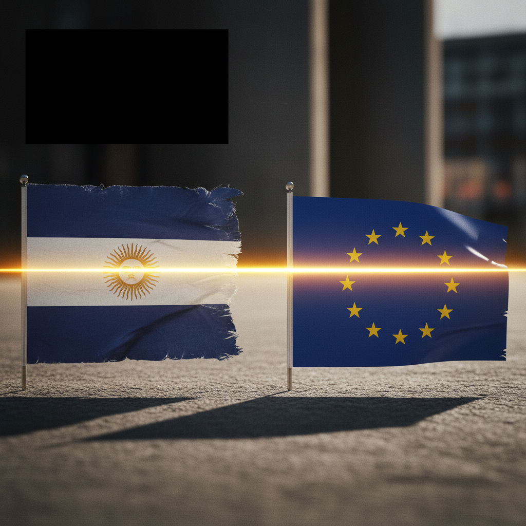Comparação entre Mercosul vs União Europeia, representada pela sobreposição das duas bandeiras dos blocos económicos.