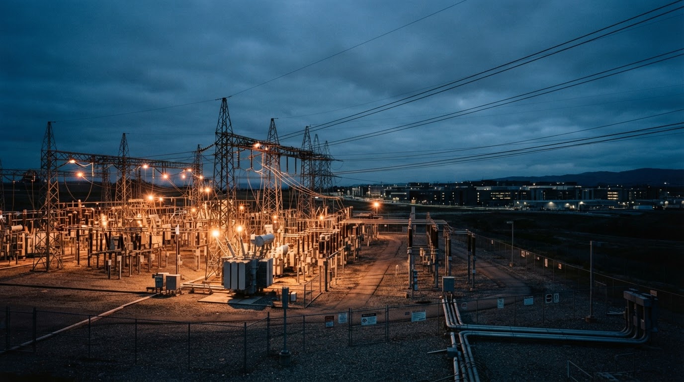 An electrical substation at dusk, providing AI cloud power to a nearby data center complex, illustrating the connection between energy infrastructure and computing.